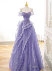 Purple A-Line Tulle Off Shoulder  Long Prom Dress, Purple Lace Evening Dress