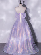 Purple A Line Tulle Sequin Long Prom Dress, Purple Sequin Long Prom Dresses