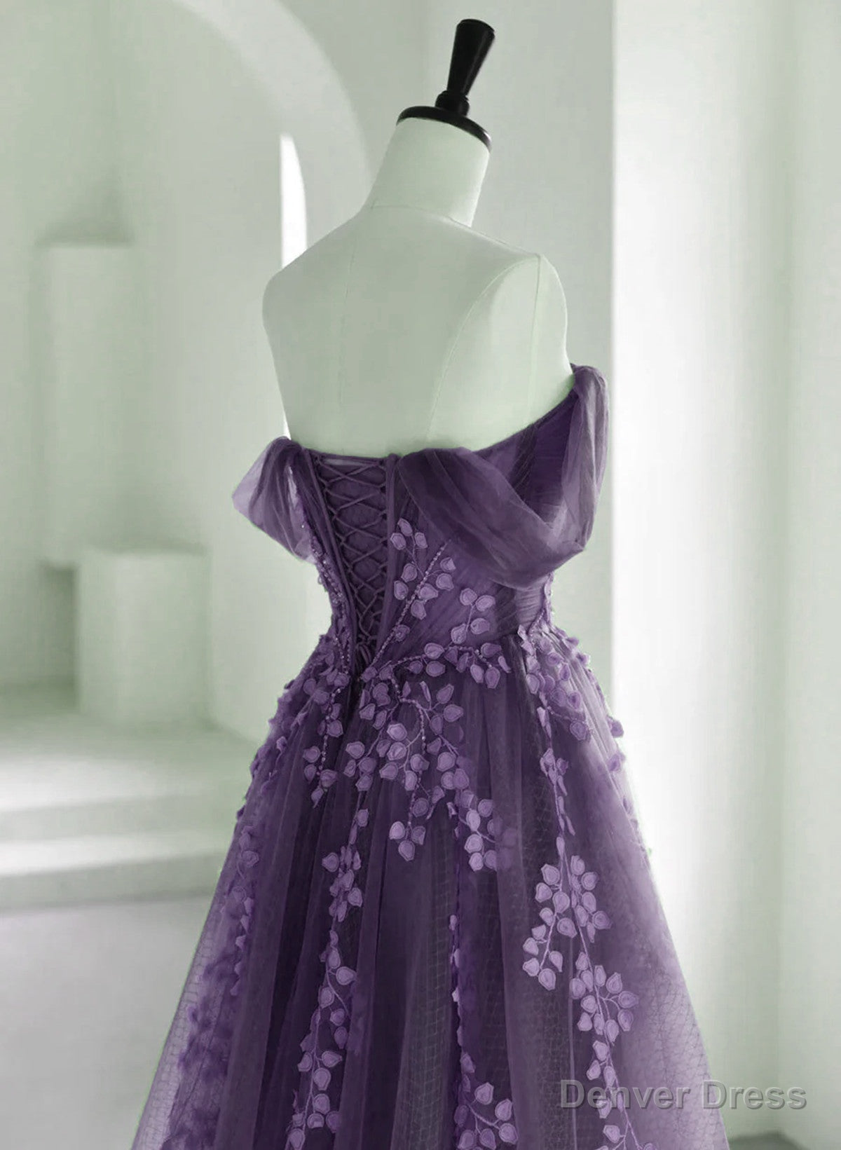Purple A Line Tulle With Lace Long Prom Dress, Purple Prom Dress