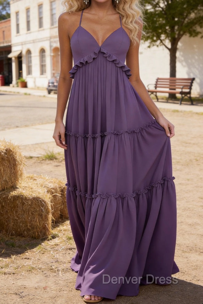 Purple A-line V Neck Sleeveless Floor-Length Chiffon Prom Dress Long Prom Dresses Backless with Pleated Ruffles Secondary image