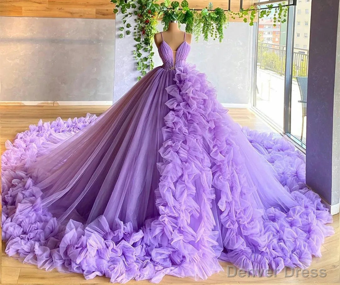 Purple A-line V Neck Tulle Ball Gown Purple Princess Dress