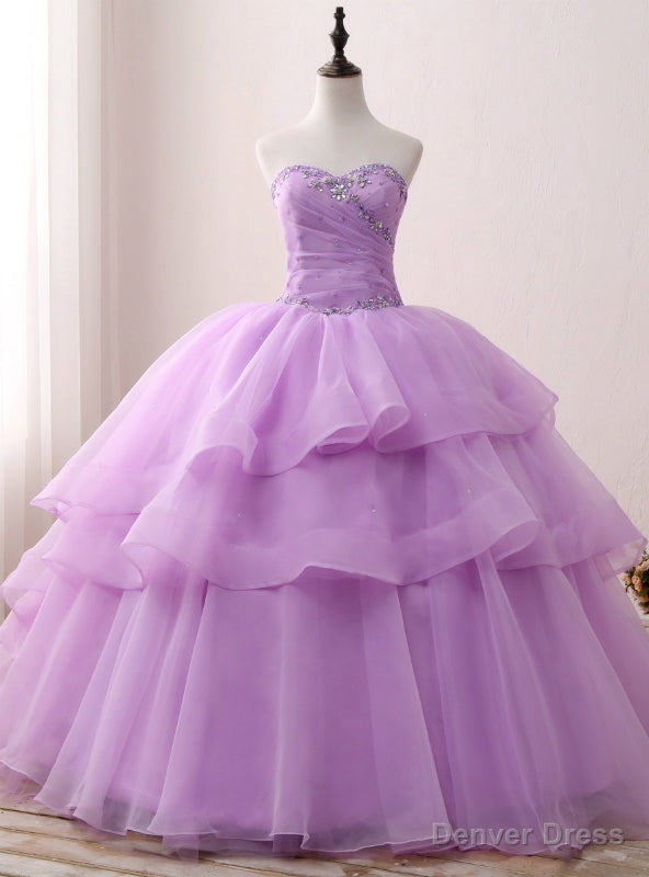 Purple Ball Gowns Organza Sweetheart neck Sweet 15 Dressess With Crystal