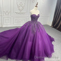 Purple Ball Gown Quince Dresses Tulle Sweetheart Sequin Wedding Dresses For Women