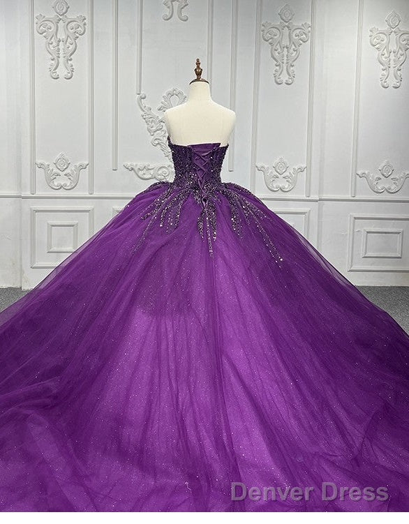 Purple Ball Gown Quince Dresses Tulle Sweetheart Sequin Wedding Dresses For Women