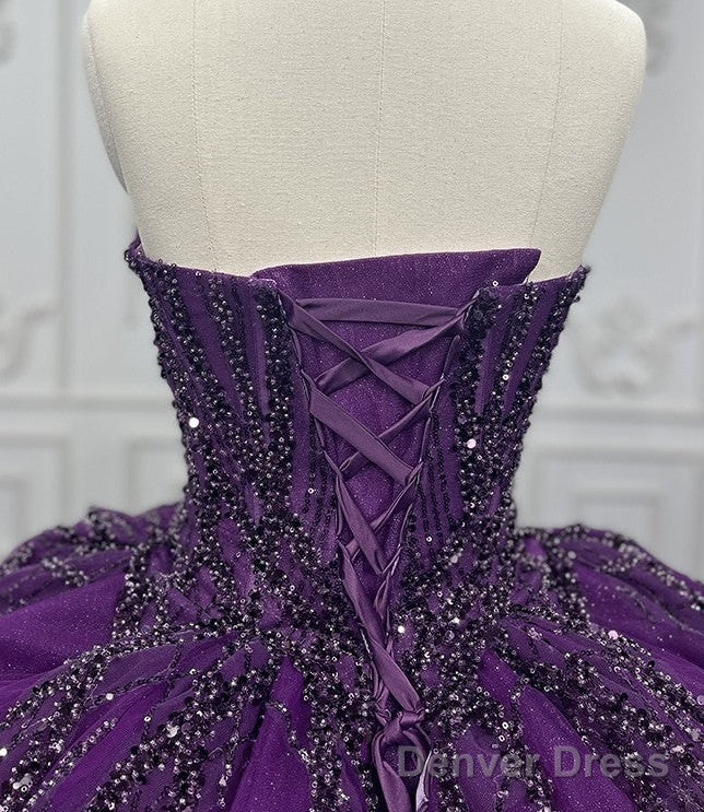 Purple Ball Gown Quince Dresses Tulle Sweetheart Sequin Wedding Dresses For Women