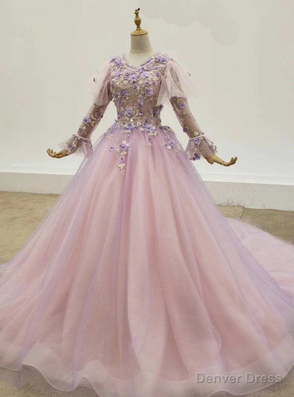 Purple Ball Gown Tulle 3D Flower Long Sleeve Wedding Dress Main image