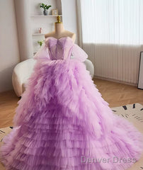 Purple Ball Gown Tulle Off The Shoulder Tiers Prom Dress