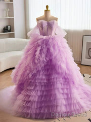 Purple Ball Gown Tulle Off The Shoulder Tiers Prom Dress