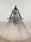 Purple Ball Gown Tulle Sequins High Neck Backless Short Sleeve Wedding Dress