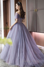 Purple Beaded Tulle Ball Gowns Prom Dress, Off Shoulder Sweet 16 Prom Dresses