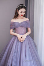 Purple Beaded Tulle Ball Gowns Prom Dress, Off Shoulder Sweet 16 Prom Dresses