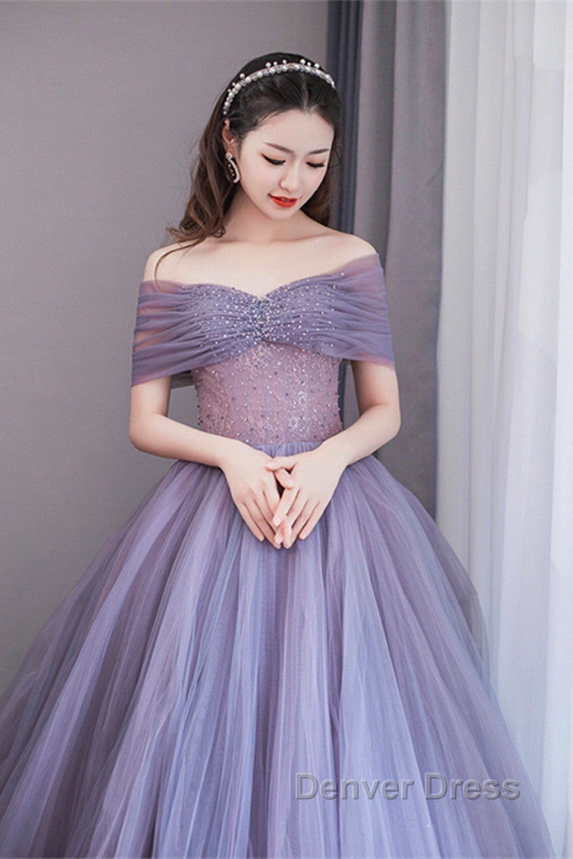 Purple Beaded Tulle Ball Gowns Prom Dress, Off Shoulder Sweet 16 Prom Dresses