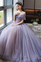 Purple Beaded Tulle Ball Gowns Prom Dress, Off Shoulder Sweet 16 Prom Dresses