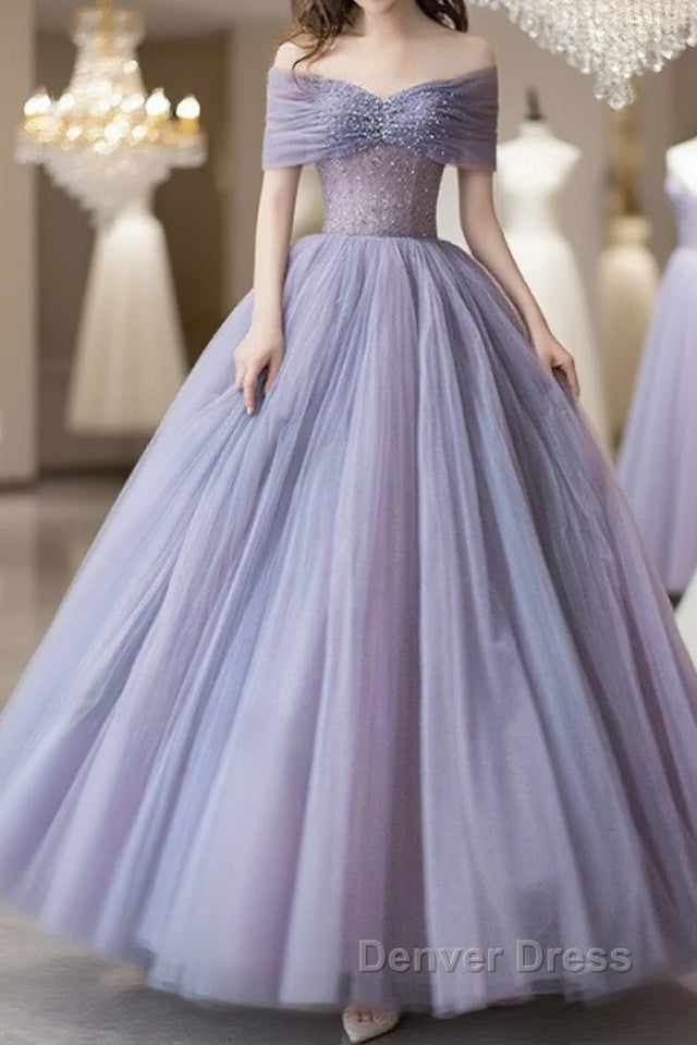 Purple Beaded Tulle Ball Gowns Prom Dress, Off Shoulder Sweet 16 Prom Dresses Main image