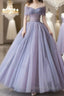 Purple Beaded Tulle Ball Gowns Prom Dress, Off Shoulder Sweet 16 Prom Dresses