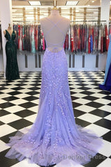 Purple/Blue Mermaid Backless Lace Prom Dresses, Purple/Blue Mermaid Backless Lace Formal Graduation Evening Dreses
