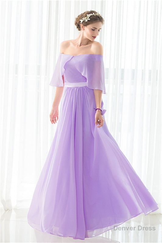 Purple Chiffon Off The Shoulder Long Bridesmaid Dresses