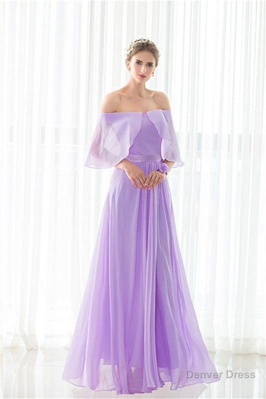Purple Chiffon Off The Shoulder Long Bridesmaid Dresses Secondary image