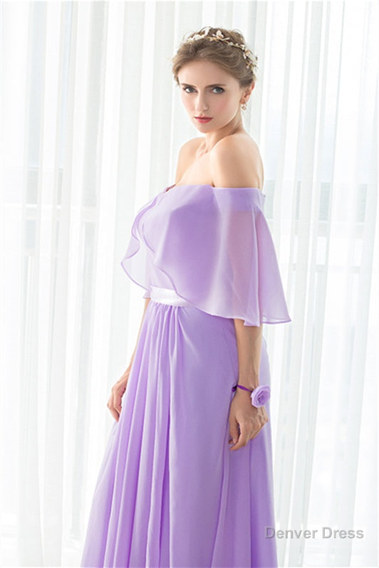 Purple Chiffon Off The Shoulder Long Bridesmaid Dresses
