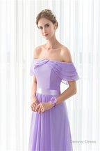 Purple Chiffon Off The Shoulder Long Bridesmaid Dresses