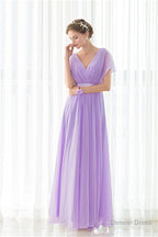 Purple Chiffon V Neck Backless Pleats Long Bridesmaid Dresses