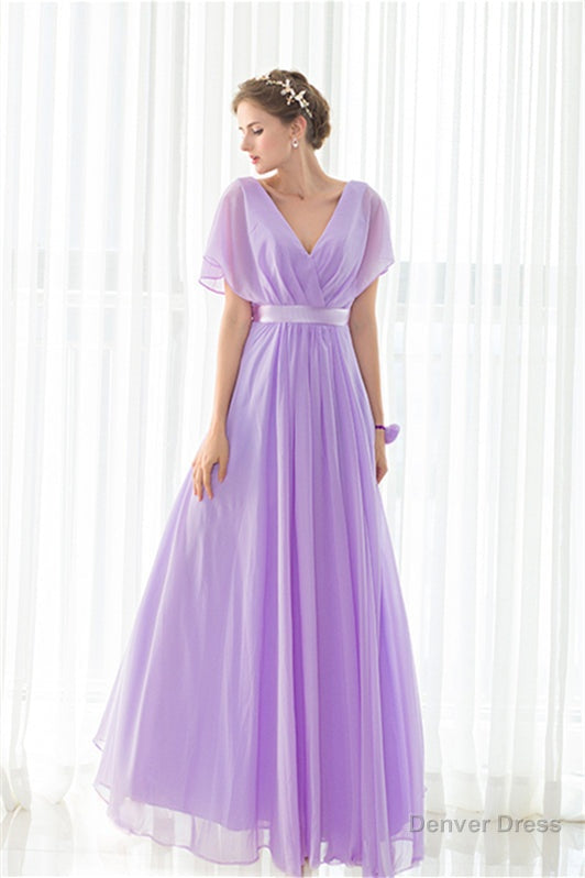 Purple Chiffon V Neck Backless Pleats Long Bridesmaid Dresses