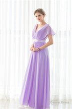 Purple Chiffon V Neck Backless Pleats Long Bridesmaid Dresses