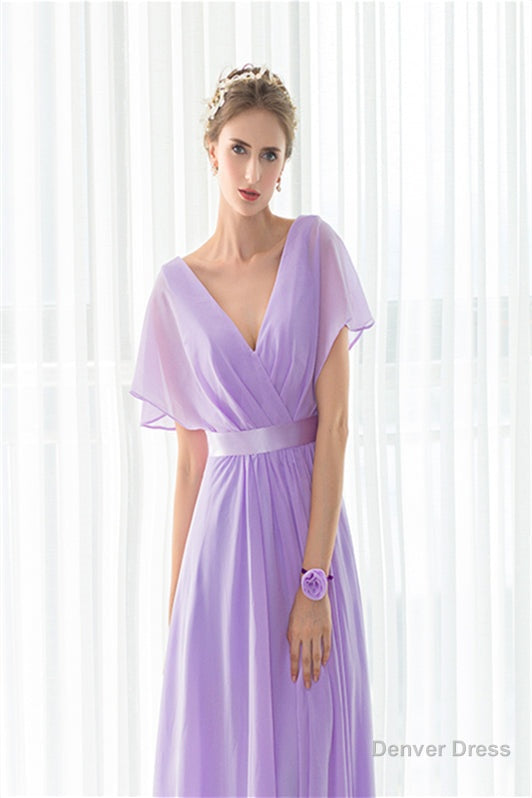 Purple Chiffon V Neck Backless Pleats Long Bridesmaid Dresses