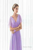 Purple Chiffon V Neck Backless Pleats Long Bridesmaid Dresses