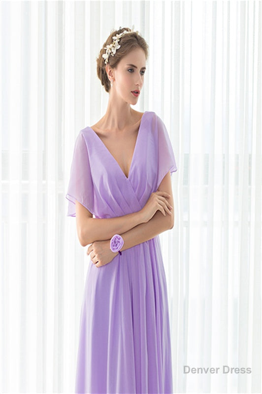 Purple Chiffon V Neck Backless Pleats Long Bridesmaid Dresses