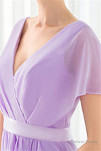 Purple Chiffon V Neck Backless Pleats Long Bridesmaid Dresses