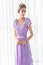 Purple Chiffon V Neck Backless Pleats Long Bridesmaid Dresses