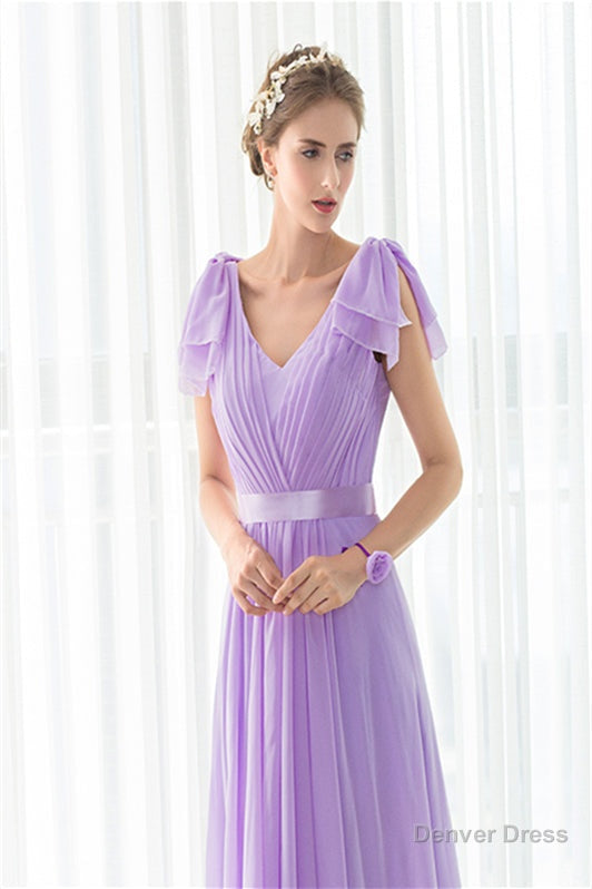 Purple Chiffon V Neck Backless Pleats Long Bridesmaid Dresses