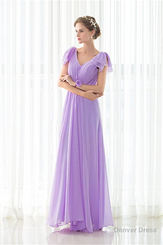 Purple Chiffon V Neck Backless Pleats Long Bridesmaid Dresses