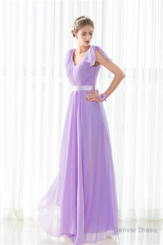 Purple Chiffon V Neck Backless Pleats Long Bridesmaid Dresses