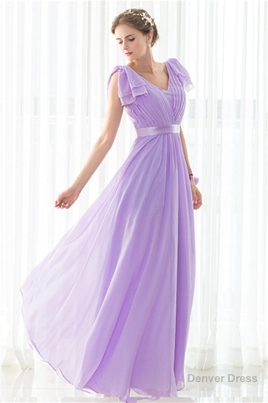Purple Chiffon V Neck Backless Pleats Long Bridesmaid Dresses