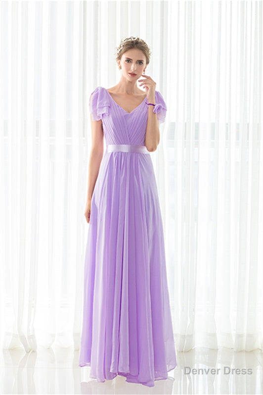 Purple Chiffon V Neck Backless Pleats Long Bridesmaid Dresses