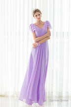 Purple Chiffon V-neck Backless Pleats Long Bridesmaid Dresses