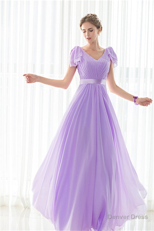 Purple Chiffon V Neck Backless Pleats Long Bridesmaid Dresses