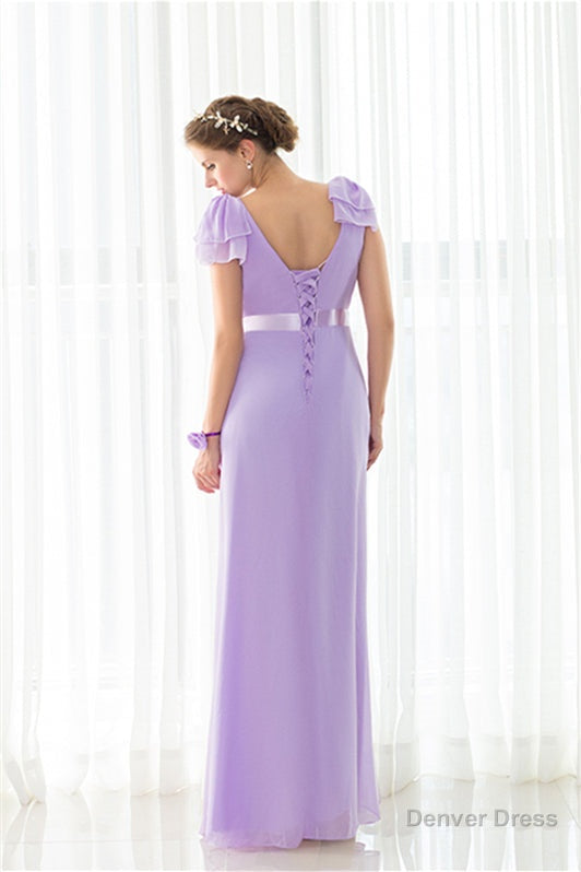 Purple Chiffon V Neck Backless Pleats Long Bridesmaid Dresses