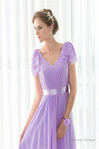 Purple Chiffon V Neck Backless Pleats Long Bridesmaid Dresses