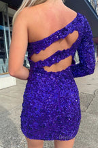 Purple Cut Out Open Back One Shoulder Sequins Homecoming Dresses