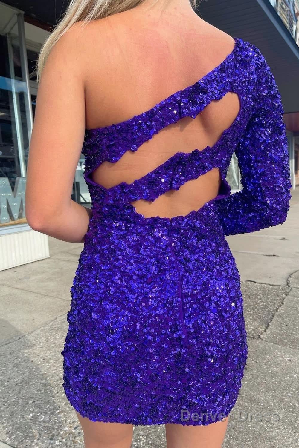 Purple Cut Out Open Back One Shoulder Sequins Homecoming Dresses