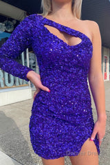 purple cut out open back one shoulder sequins homecoming dress