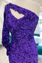 Purple Cut Out Open Back One Shoulder Sequins Homecoming Dresses