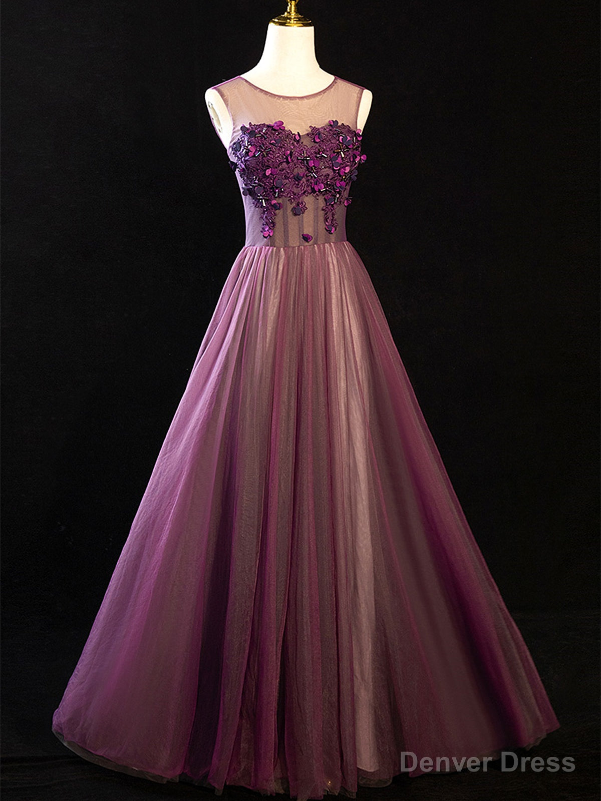 Purple Floral Long Lace Prom Dresses, Purple Floral Long Lace Formal Evening Dresses Main image