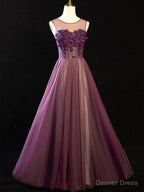 Purple Floral Long Lace Prom Dresses, Purple Floral Long Lace Formal Evening Dresses