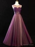 Purple Floral Long Lace Prom Dress, Purple Floral Long Lace Prom Dresses