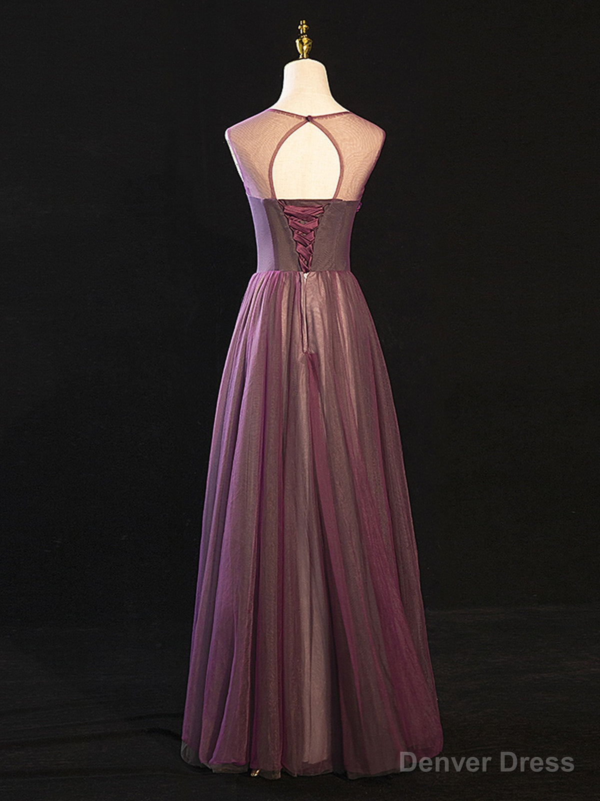 Purple Floral Long Lace Prom Dresses, Purple Floral Long Lace Formal Evening Dresses