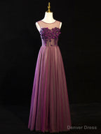 Purple Floral Long Lace Prom Dress, Purple Floral Long Lace Prom Dresses